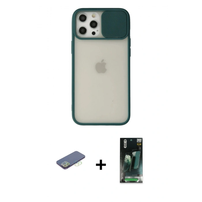 MARSİLYAN™- iPhone 12 Pro Max Kılıf Vadi Çizgi - Siyah 360 Mat Full Body Arka Koruyucu + Renkli Kamera Lens Koruma Cam - YL