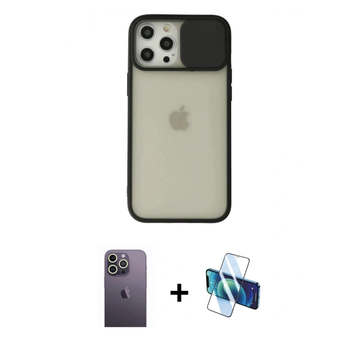 MARSİLYAN™- iPhone 12 Pro Max Kılıf Vadi Çizgi - Siyah 3D Antistatik Cam Ekran Koruyucu + Neon Fosforlu Kamera Lens - BZ