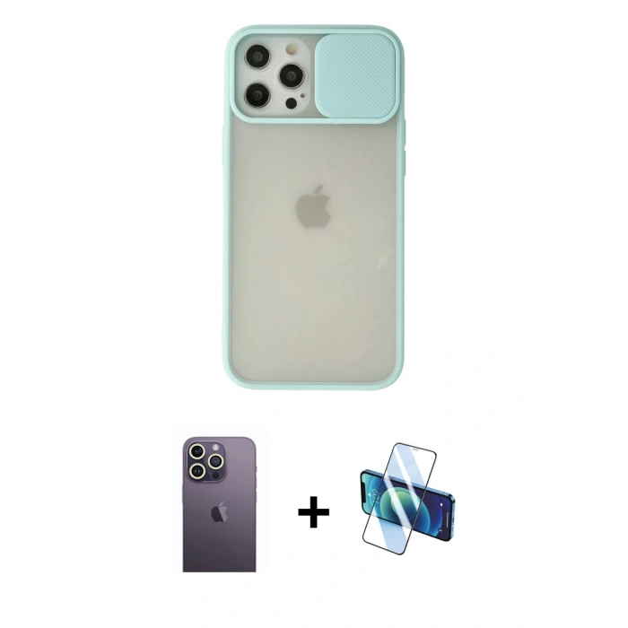 MARSİLYAN™- iPhone 12 Pro Max Kılıf Vadi Çizgi - Siyah 3D Antistatik Cam Ekran Koruyucu + Neon Fosforlu Kamera Lens - BZ
