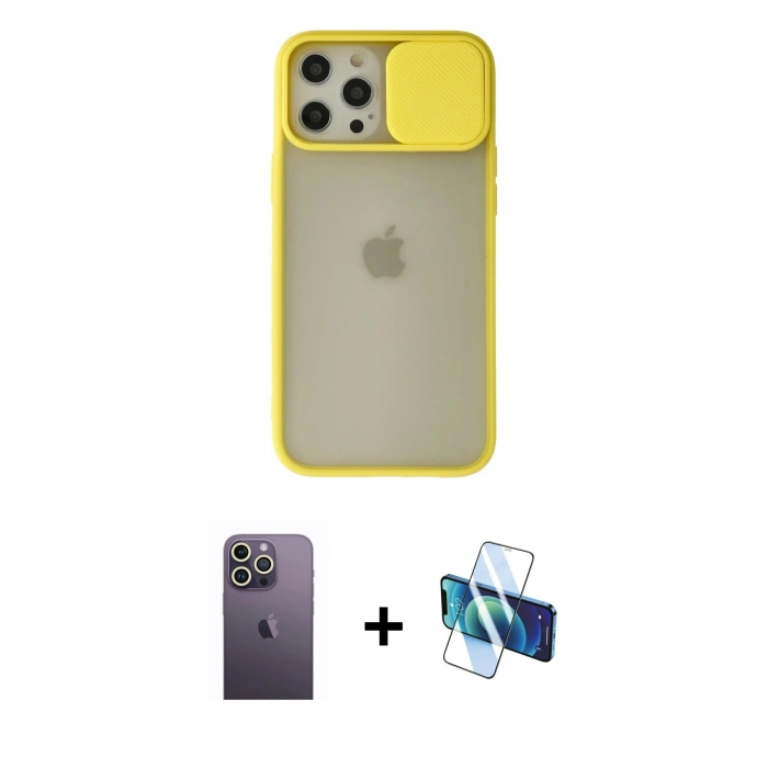 MARSİLYAN™- iPhone 12 Pro Max Kılıf Vadi Çizgi - Siyah 3D Antistatik Cam Ekran Koruyucu + Neon Fosforlu Kamera Lens - BZ