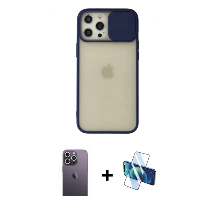 MARSİLYAN™- iPhone 12 Pro Max Kılıf Vadi Çizgi - Siyah 3D Antistatik Cam Ekran Koruyucu + Neon Fosforlu Kamera Lens - BZ