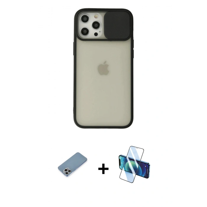 MARSİLYAN™- iPhone 12 Pro Max Kılıf Vadi Çizgi - Siyah 3D Antistatik Cam Ekran Koruyucu + Shine Kamera Lens Koruma Cam - GI