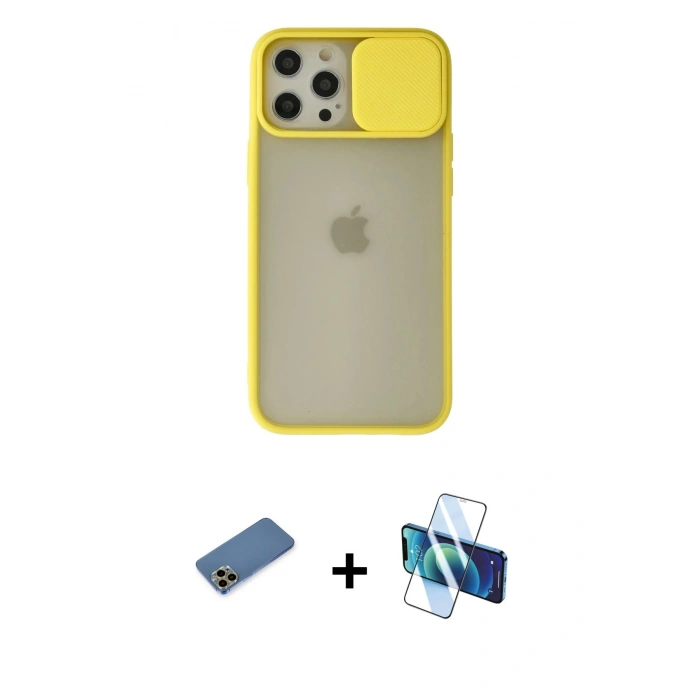 MARSİLYAN™- iPhone 12 Pro Max Kılıf Vadi Çizgi - Siyah 3D Antistatik Cam Ekran Koruyucu + Shine Kamera Lens Koruma Cam - GD