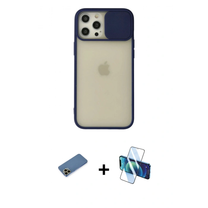 MARSİLYAN™- iPhone 12 Pro Max Kılıf Vadi Çizgi - Siyah 3D Antistatik Cam Ekran Koruyucu + Shine Kamera Lens Koruma Cam - GD