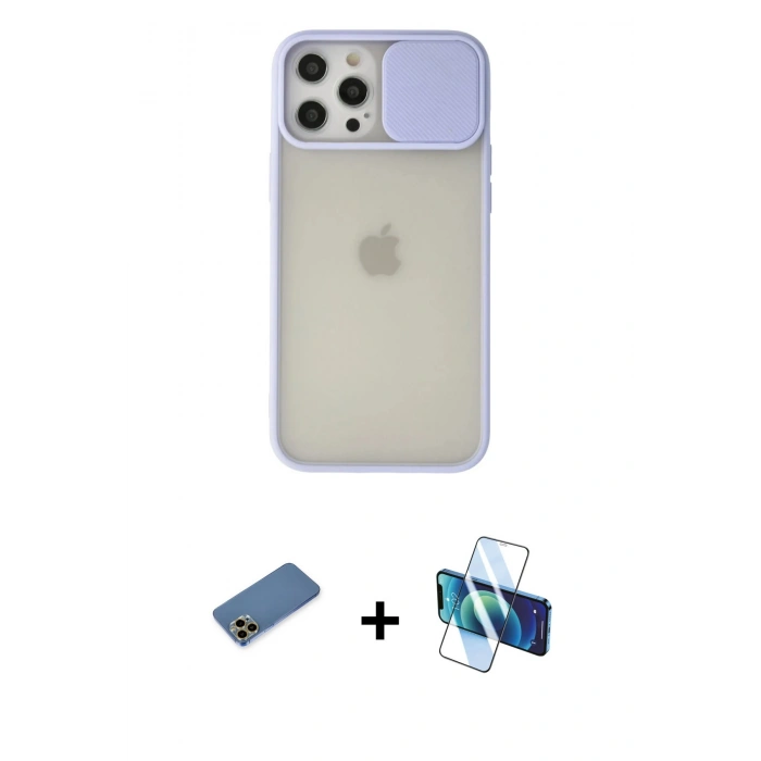 MARSİLYAN™- iPhone 12 Pro Max Kılıf Vadi Çizgi - Siyah 3D Antistatik Cam Ekran Koruyucu + Shine Kamera Lens Koruma Cam - GD