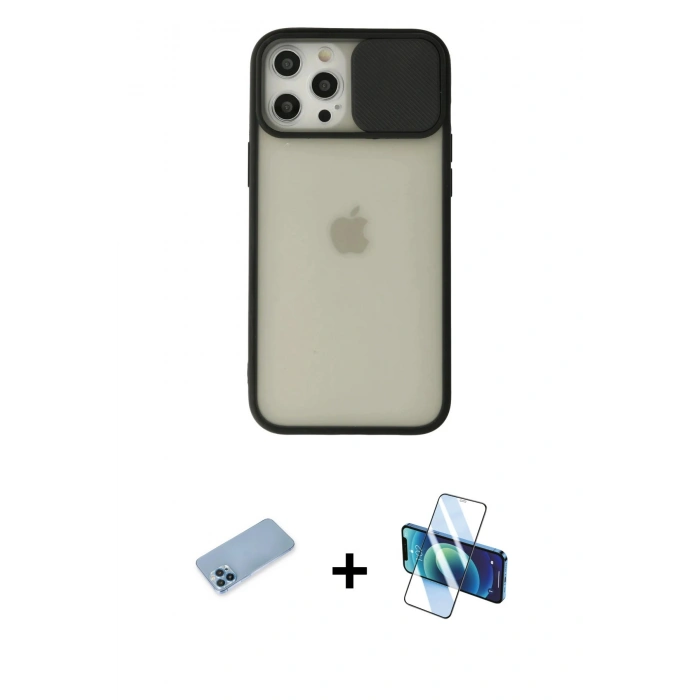 MARSİLYAN™- iPhone 12 Pro Max Kılıf Vadi Çizgi - Siyah 3D Antistatik Cam Ekran Koruyucu + Shine Kamera Lens Koruma Cam - MI