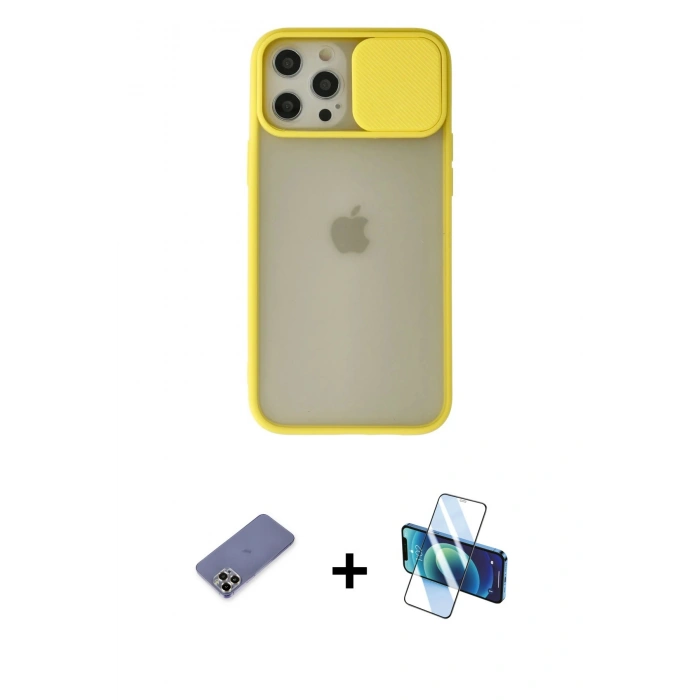 MARSİLYAN™- iPhone 12 Pro Max Kılıf Vadi Çizgi - Siyah 3D Antistatik Cam Ekran Koruyucu + Metal Kamera Lens Koruma Cam - GD