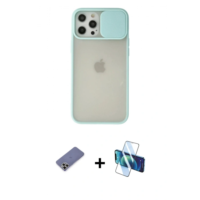 MARSİLYAN™- iPhone 12 Pro Max Kılıf Vadi Çizgi - Siyah 3D Antistatik Cam Ekran Koruyucu + Metal Kamera Lens Koruma Cam - GD
