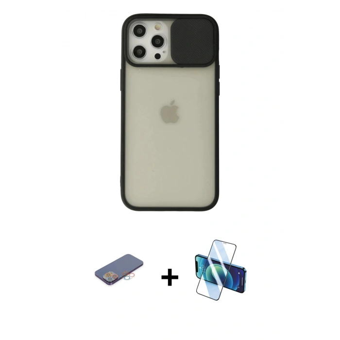 MARSİLYAN™- iPhone 12 Pro Max Kılıf Vadi Çizgi - Siyah 3D Antistatik Cam Ekran Koruyucu + Renkli Kamera Lens Koruma Cam - PE