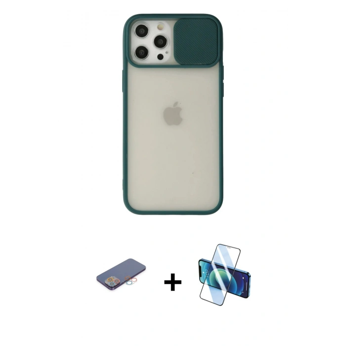MARSİLYAN™- iPhone 12 Pro Max Kılıf Vadi Çizgi - Siyah 3D Antistatik Cam Ekran Koruyucu + Renkli Kamera Lens Koruma Cam - PE
