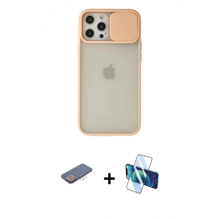MARSİLYAN™- iPhone 12 Pro Max Kılıf Vadi Çizgi - Siyah 3D Antistatik Cam Ekran Koruyucu + Renkli Kamera Lens Koruma Cam - PE