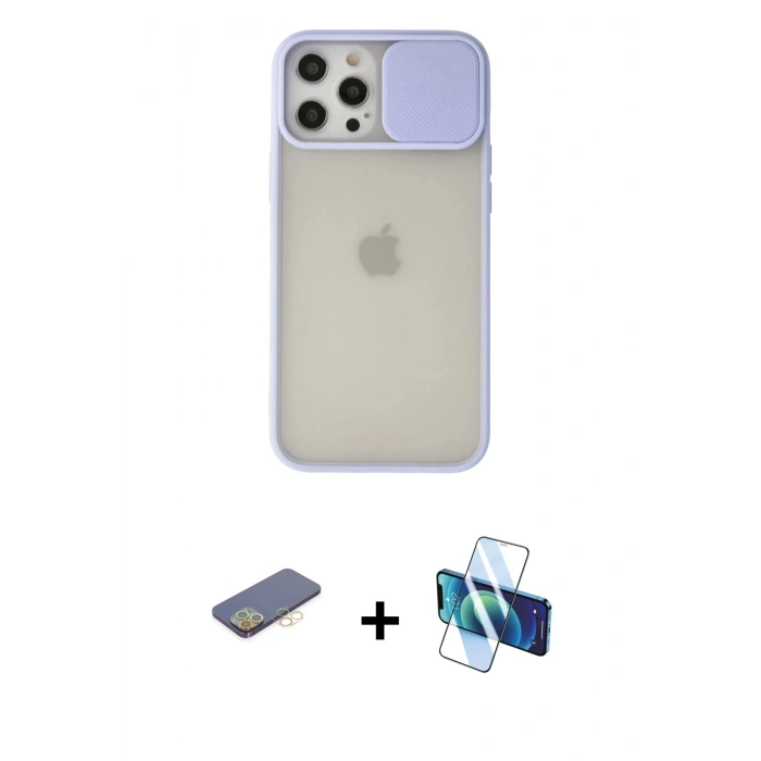 MARSİLYAN™- iPhone 12 Pro Max Kılıf Vadi Çizgi - Siyah 3D Antistatik Cam Ekran Koruyucu + Renkli Kamera Lens Koruma Cam - SI