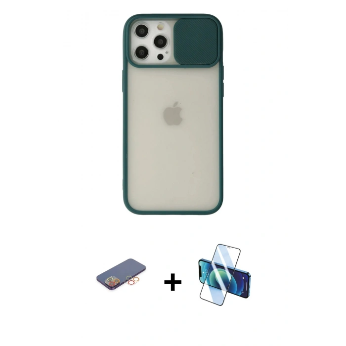 MARSİLYAN™- iPhone 12 Pro Max Kılıf Vadi Çizgi - Siyah 3D Antistatik Cam Ekran Koruyucu + Renkli Kamera Lens Koruma Cam - TU