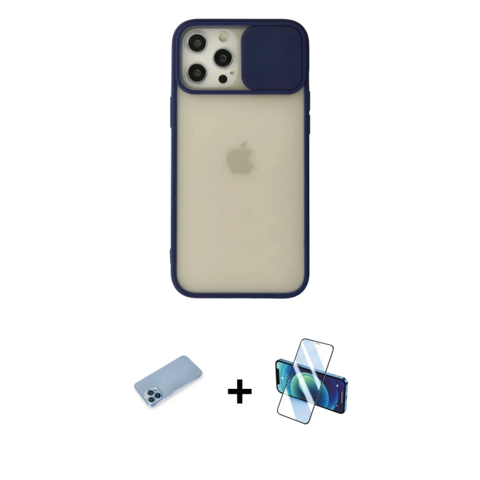 MARSİLYAN™- iPhone 12 Pro Max Kılıf Vadi Çizgi - Siyah 3D Antistatik Cam Ekran Koruyucu + Shine Kamera Lens Koruma Cam - MI