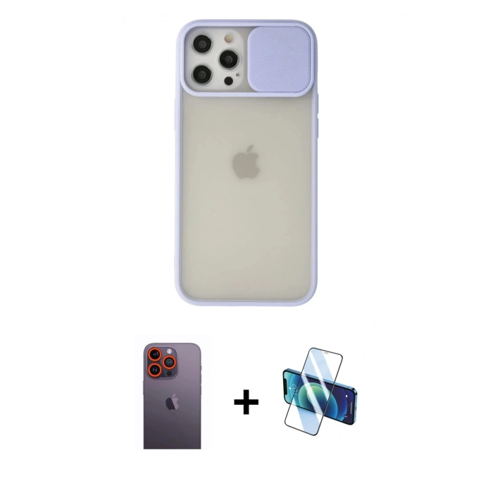 MARSİLYAN™- iPhone 12 Pro Max Kılıf Vadi Çizgi - Siyah 3D Antistatik Cam Ekran Koruyucu + Neon Fosforlu Kamera Lens - TU