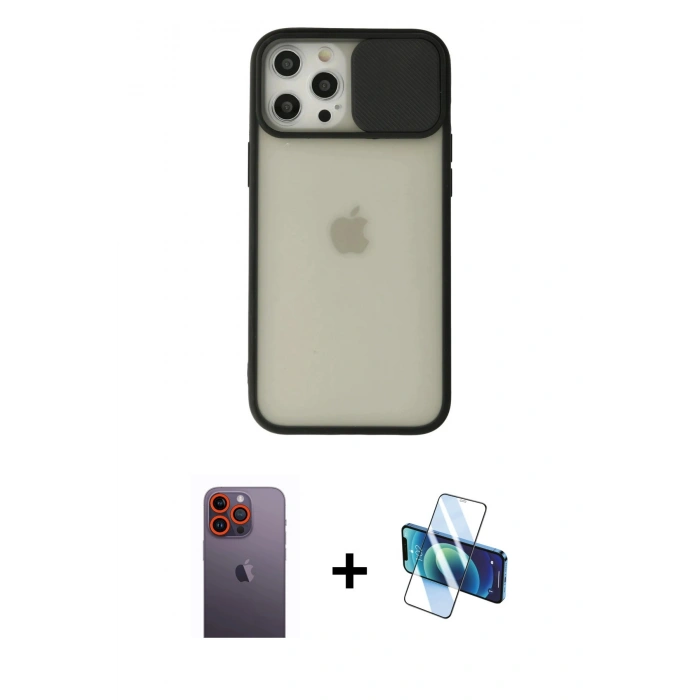 MARSİLYAN™- iPhone 12 Pro Max Kılıf Vadi Çizgi - Siyah 3D Antistatik Cam Ekran Koruyucu + Neon Fosforlu Kamera Lens - TU