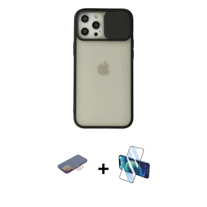 MARSİLYAN™- iPhone 12 Pro Max Kılıf Vadi Çizgi - Siyah 3D Antistatik Cam Ekran Koruyucu + Renkli Kamera Lens Koruma Cam - TU