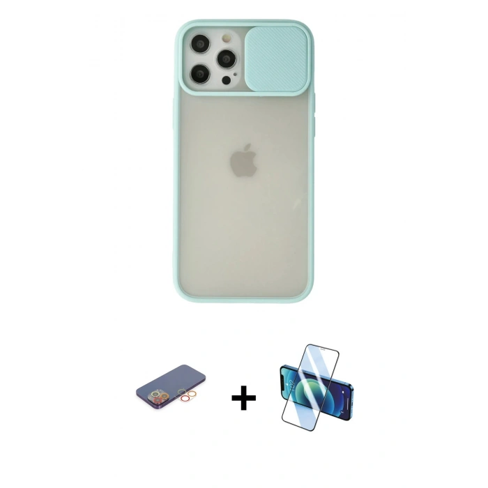 MARSİLYAN™- iPhone 12 Pro Max Kılıf Vadi Çizgi - Siyah 3D Antistatik Cam Ekran Koruyucu + Renkli Kamera Lens Koruma Cam - TU