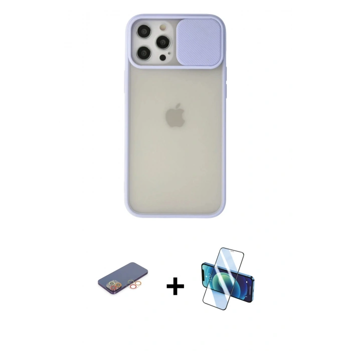 MARSİLYAN™- iPhone 12 Pro Max Kılıf Vadi Çizgi - Siyah 3D Antistatik Cam Ekran Koruyucu + Renkli Kamera Lens Koruma Cam - TU