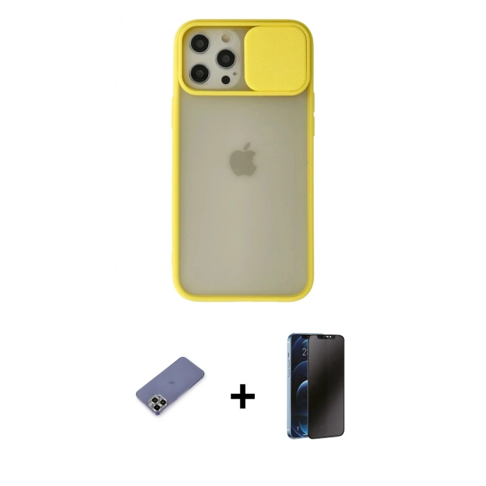 MARSİLYAN™- iPhone 12 Pro Max Kılıf Vadi Çizgi - Siyah 3D Antistatik Hayalet Cam Ekran Koruyucu + Metal Kamera Lens Koruma Cam - GD