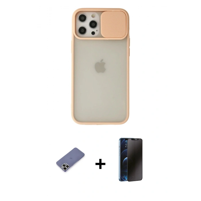 MARSİLYAN™- iPhone 12 Pro Max Kılıf Vadi Çizgi - Siyah 3D Antistatik Hayalet Cam Ekran Koruyucu + Metal Kamera Lens Koruma Cam - GD