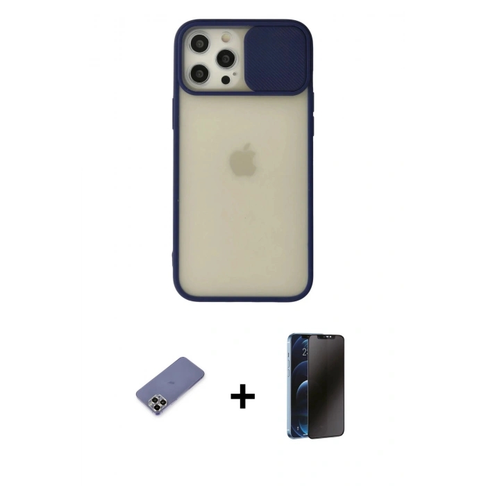 MARSİLYAN™- iPhone 12 Pro Max Kılıf Vadi Çizgi - Siyah 3D Antistatik Hayalet Cam Ekran Koruyucu + Metal Kamera Lens Koruma Cam - GD