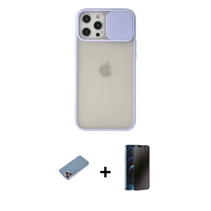 MARSİLYAN™- iPhone 12 Pro Max Kılıf Vadi Çizgi - Siyah 3D Antistatik Hayalet Cam Ekran Koruyucu + Pembe Shine Kamera Lens Koruma Cam