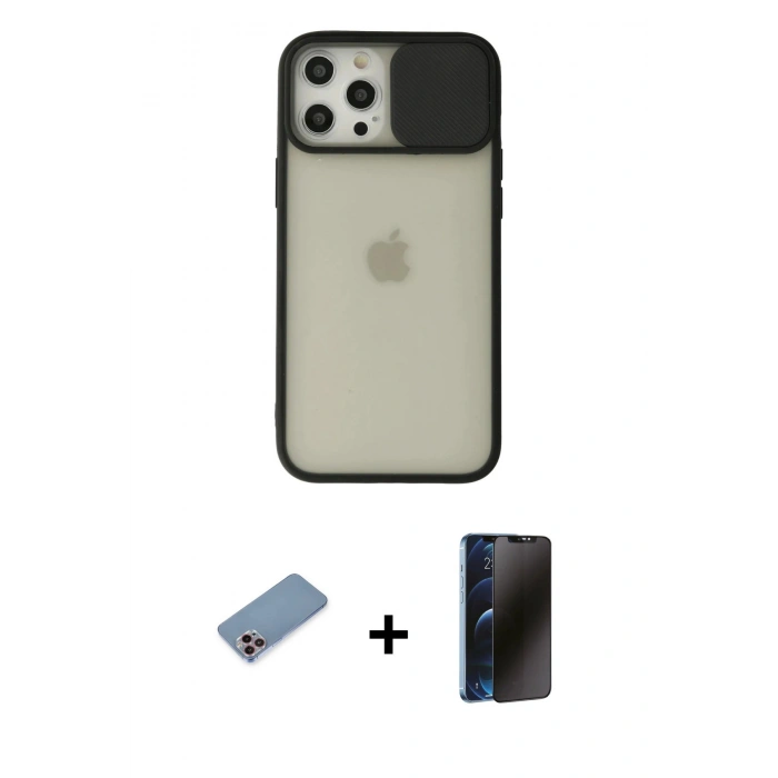MARSİLYAN™- iPhone 12 Pro Max Kılıf Vadi Çizgi - Siyah 3D Antistatik Hayalet Cam Ekran Koruyucu + Pembe Shine Kamera Lens Koruma Cam