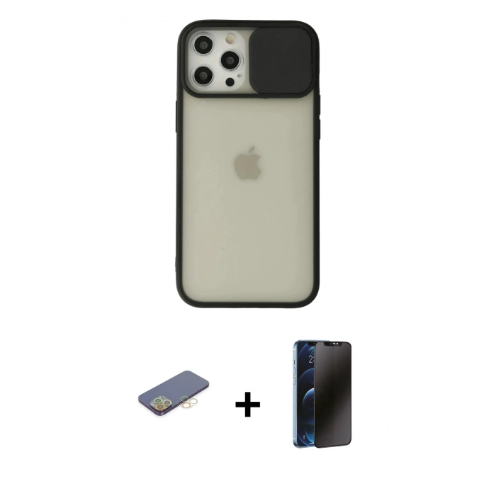 MARSİLYAN™- iPhone 12 Pro Max Kılıf Vadi Çizgi - Siyah 3D Antistatik Hayalet Cam Ekran Koruyucu + Renkli Kamera Lens Koruma Cam - SI