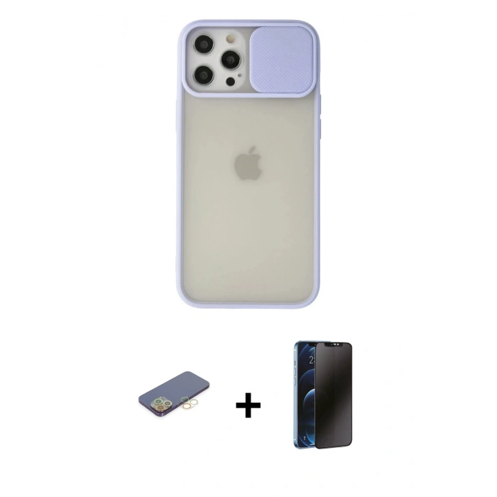 MARSİLYAN™- iPhone 12 Pro Max Kılıf Vadi Çizgi - Siyah 3D Antistatik Hayalet Cam Ekran Koruyucu + Renkli Kamera Lens Koruma Cam - SI