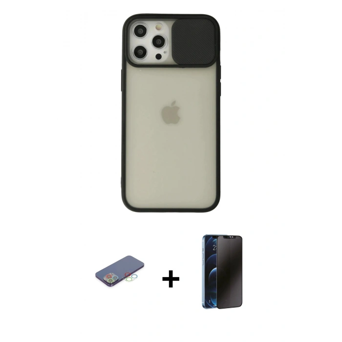 MARSİLYAN™- iPhone 12 Pro Max Kılıf Vadi Çizgi - Siyah 3D Antistatik Hayalet Cam Ekran Koruyucu + Renkli Kamera Lens Koruma Cam - MI