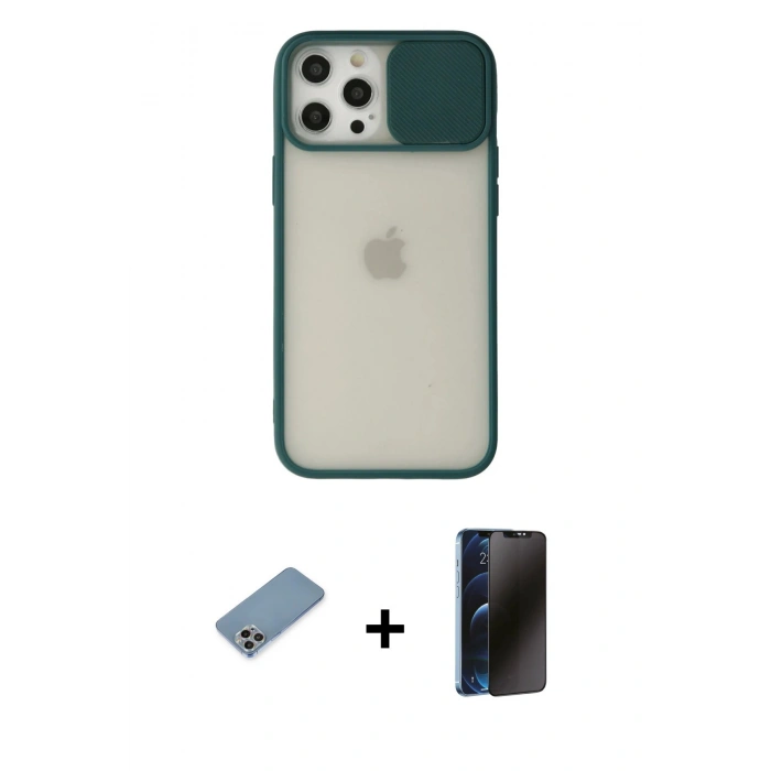 MARSİLYAN™- iPhone 12 Pro Max Kılıf Vadi Çizgi - Siyah 3D Antistatik Hayalet Cam Ekran Koruyucu + Shine Kamera Lens Koruma Cam - GI
