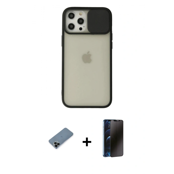 MARSİLYAN™- iPhone 12 Pro Max Kılıf Vadi Çizgi - Siyah 3D Antistatik Hayalet Cam Ekran Koruyucu + Shine Kamera Lens Koruma Cam - SH