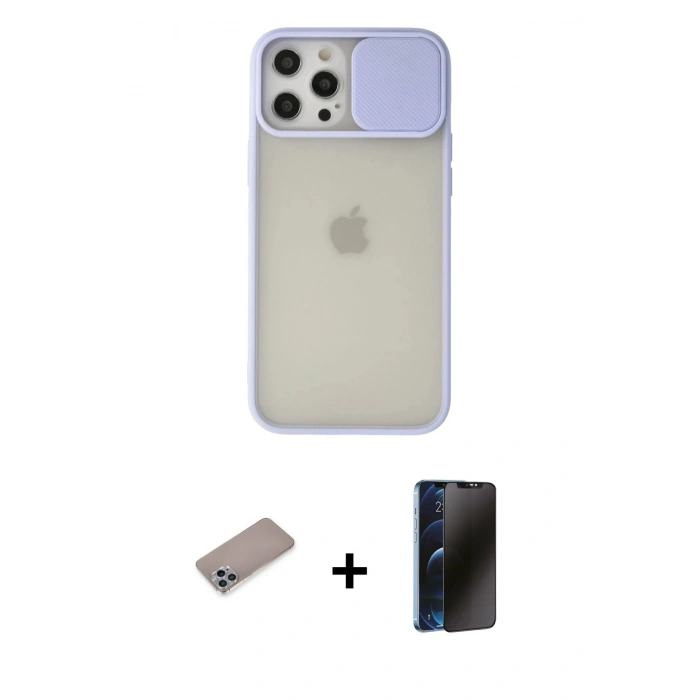 MARSİLYAN™- iPhone 12 Pro Max Kılıf Vadi Çizgi - Siyah 3D Antistatik Hayalet Cam Ekran Koruyucu + Shine Kamera Lens Koruma Cam - SABE