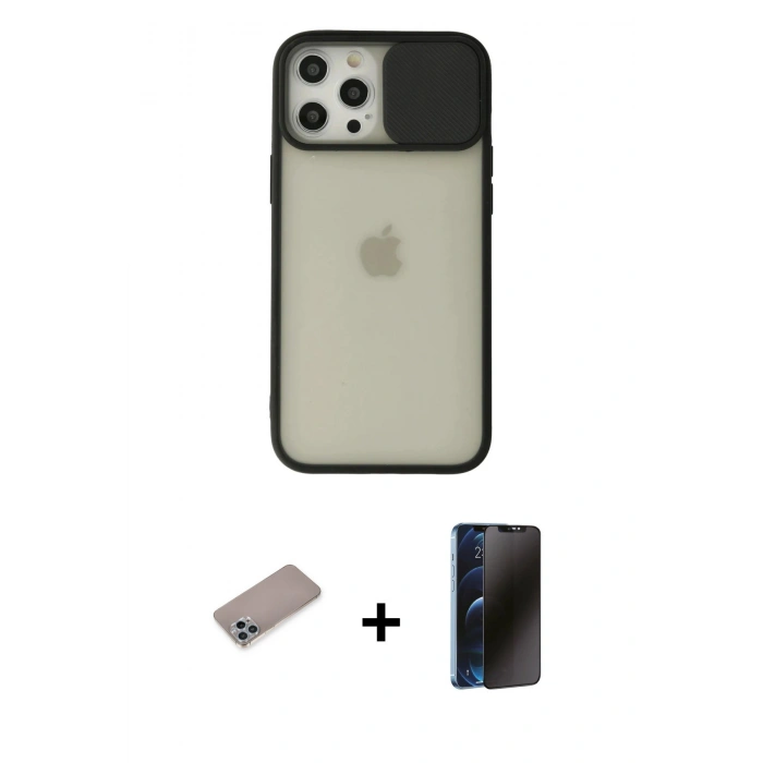 MARSİLYAN™- iPhone 12 Pro Max Kılıf Vadi Çizgi - Siyah 3D Antistatik Hayalet Cam Ekran Koruyucu + Shine Kamera Lens Koruma Cam - SABE