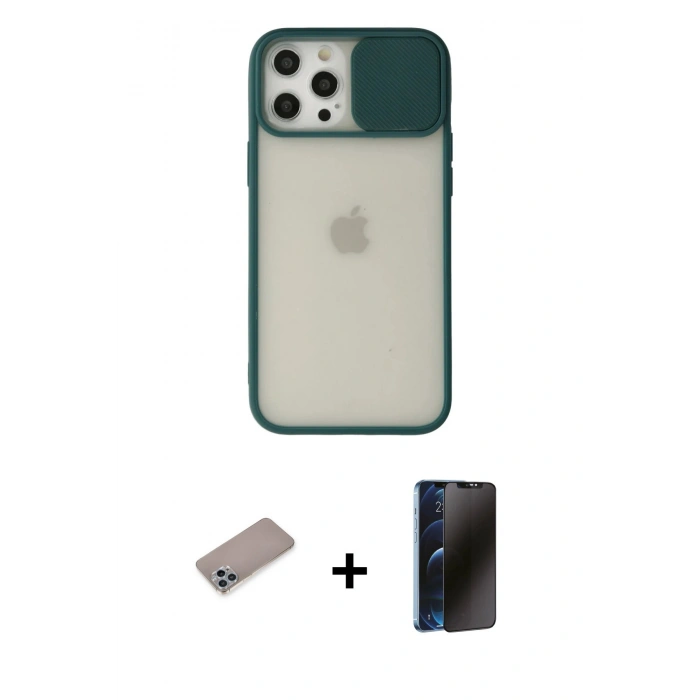 MARSİLYAN™- iPhone 12 Pro Max Kılıf Vadi Çizgi - Siyah 3D Antistatik Hayalet Cam Ekran Koruyucu + Shine Kamera Lens Koruma Cam - SABE
