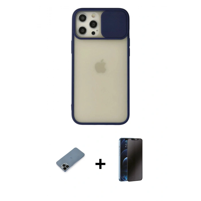 MARSİLYAN™- iPhone 12 Pro Max Kılıf Vadi Çizgi - Siyah 3D Antistatik Hayalet Cam Ekran Koruyucu + Shine Kamera Lens Koruma Cam - SH