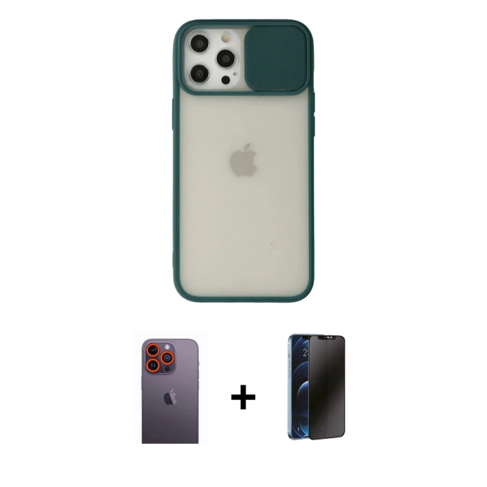 MARSİLYAN™- iPhone 12 Pro Max Kılıf Vadi Çizgi - Siyah 3D Antistatik Hayalet Cam Ekran Koruyucu + Neon Fosforlu Kamera Lens - TU