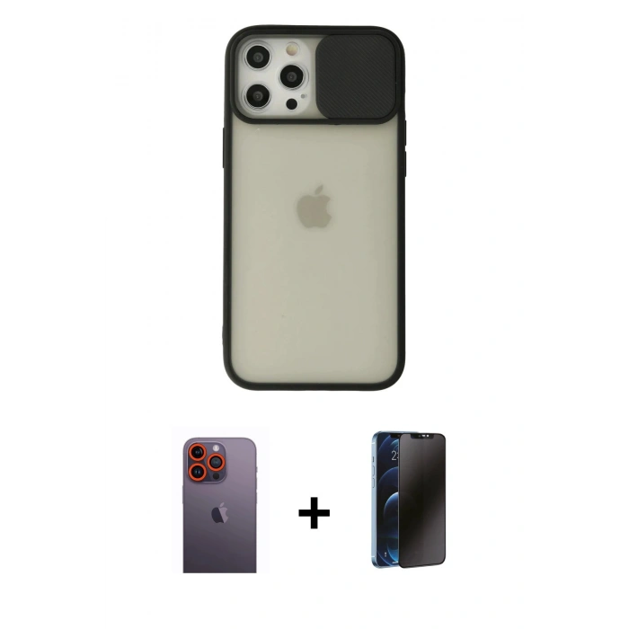 MARSİLYAN™- iPhone 12 Pro Max Kılıf Vadi Çizgi - Siyah 3D Antistatik Hayalet Cam Ekran Koruyucu + Neon Fosforlu Kamera Lens - TU