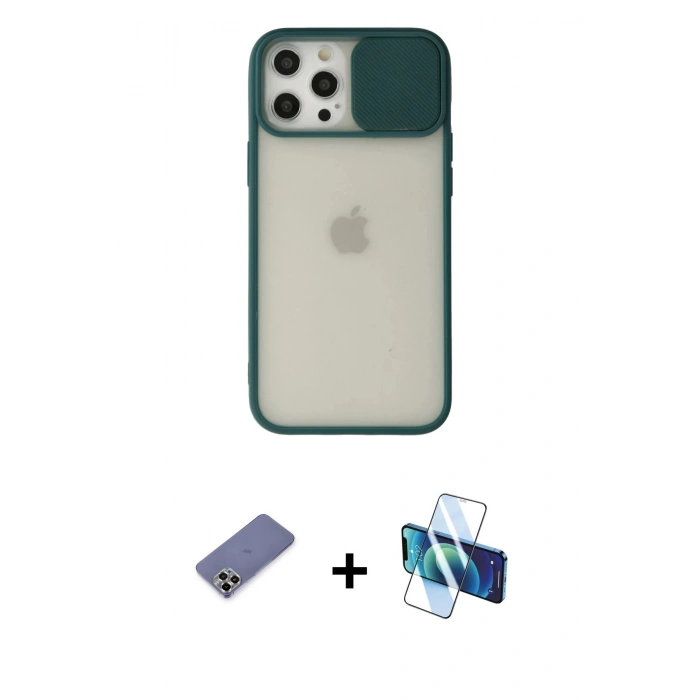 MARSİLYAN™- iPhone 12 Pro Max Kılıf Vadi Çizgi - Siyah 3D Antistatik Seramik Nano Ekran Koruyucu + Metal Kamera Lens Koruma Cam - GD
