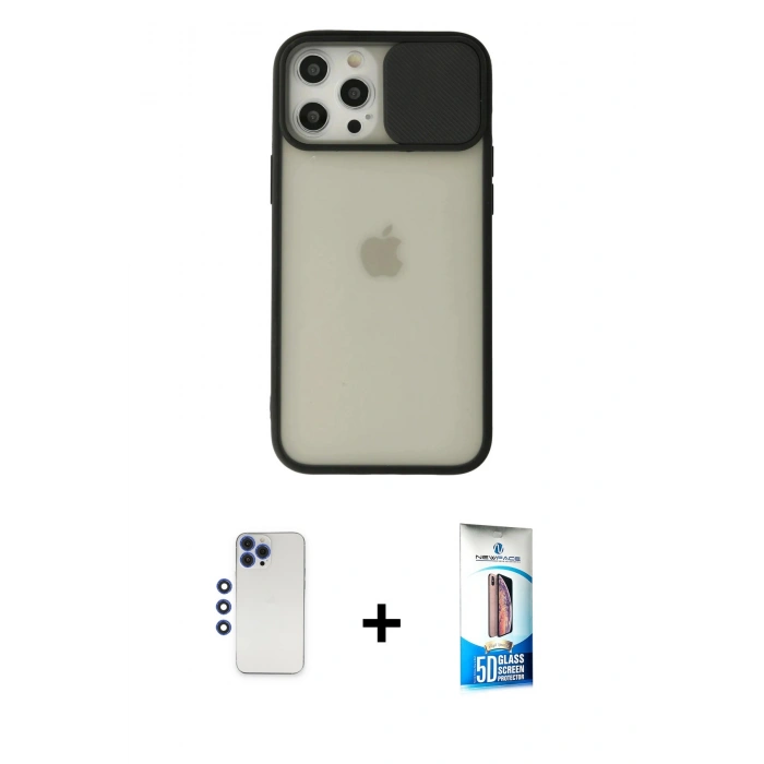 MARSİLYAN™- iPhone 12 Pro Max Kılıf Vadi Çizgi - Siyah 5D Eko Cam Ekran Koruyucu + Shine Kamera Lens - LT
