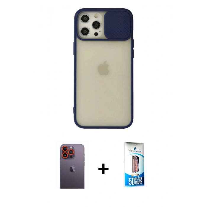 MARSİLYAN™- iPhone 12 Pro Max Kılıf Vadi Çizgi - Siyah 5D Eko Cam Ekran Koruyucu + Neon Fosforlu Kamera Lens - TU