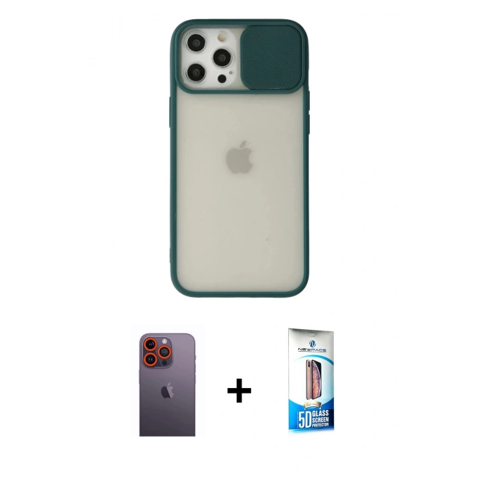 MARSİLYAN™- iPhone 12 Pro Max Kılıf Vadi Çizgi - Siyah 5D Eko Cam Ekran Koruyucu + Neon Fosforlu Kamera Lens - TU
