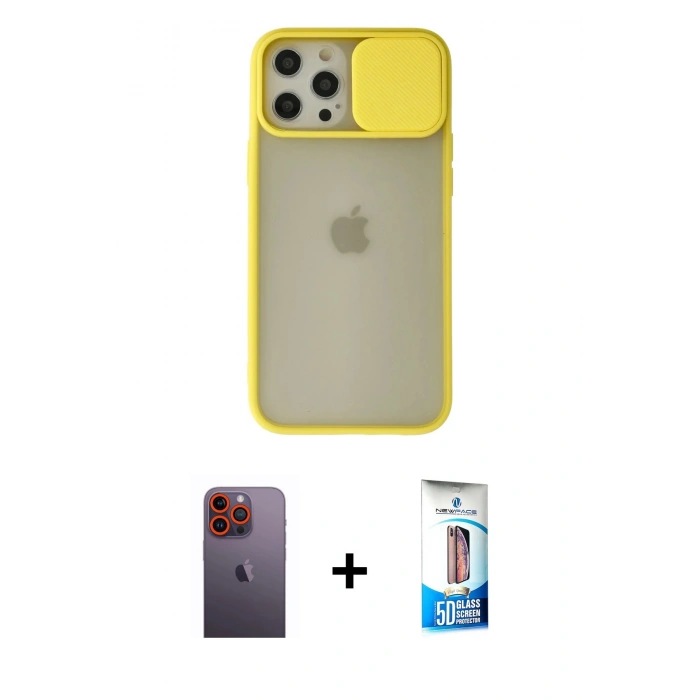 MARSİLYAN™- iPhone 12 Pro Max Kılıf Vadi Çizgi - Siyah 5D Eko Cam Ekran Koruyucu + Neon Fosforlu Kamera Lens - TU