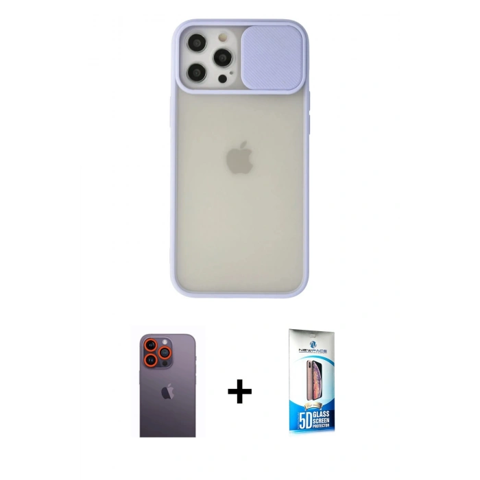 MARSİLYAN™- iPhone 12 Pro Max Kılıf Vadi Çizgi - Siyah 5D Eko Cam Ekran Koruyucu + Neon Fosforlu Kamera Lens - TU