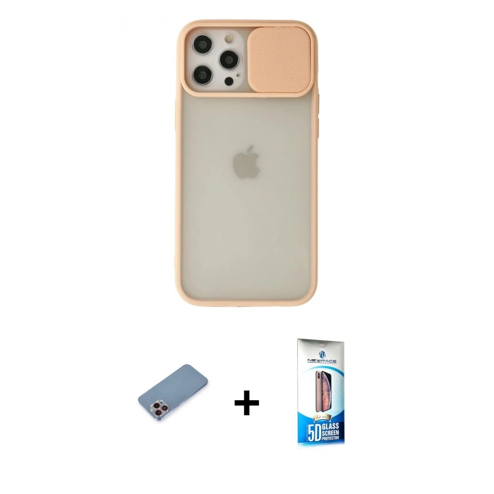 MARSİLYAN™- iPhone 12 Pro Max Kılıf Vadi Çizgi - Siyah 5D Eko Cam Ekran Koruyucu + Pembe Shine Kamera Lens Koruma Cam