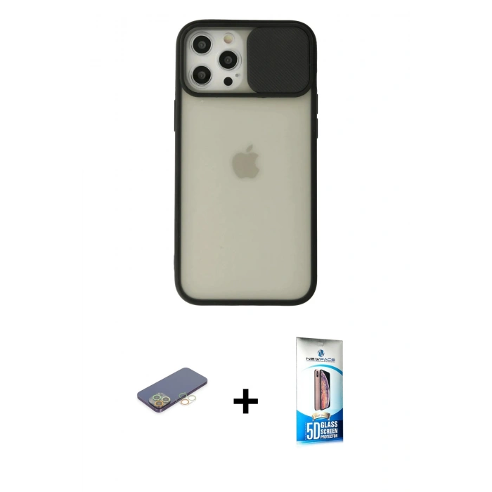 MARSİLYAN™- iPhone 12 Pro Max Kılıf Vadi Çizgi - Siyah 5D Eko Cam Ekran Koruyucu + Renkli Kamera Lens Koruma Cam - SI