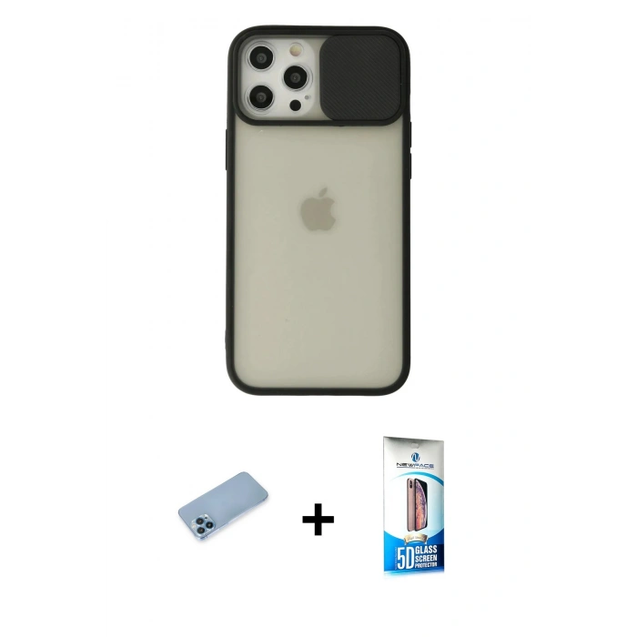 MARSİLYAN™- iPhone 12 Pro Max Kılıf Vadi Çizgi - Siyah 5D Eko Cam Ekran Koruyucu + Shine Kamera Lens Koruma Cam - MI