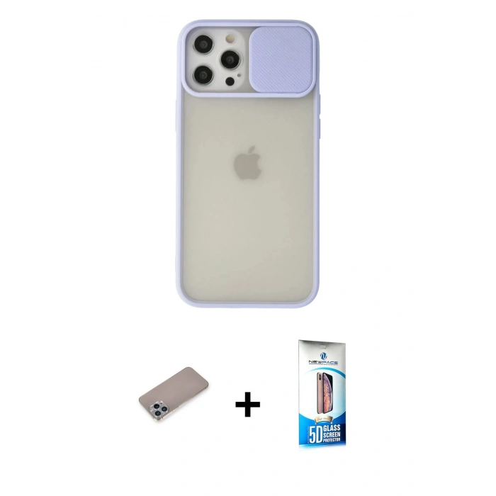 MARSİLYAN™- iPhone 12 Pro Max Kılıf Vadi Çizgi - Siyah 5D Eko Cam Ekran Koruyucu + Sierra Blue Shine Kamera Lens Koruma Cam