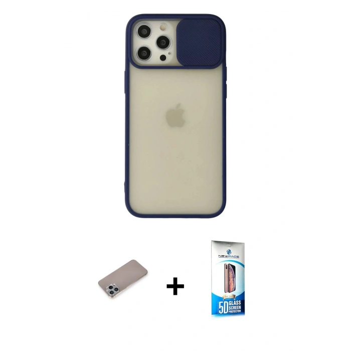 MARSİLYAN™- iPhone 12 Pro Max Kılıf Vadi Çizgi - Siyah 5D Eko Cam Ekran Koruyucu + Sierra Blue Shine Kamera Lens Koruma Cam